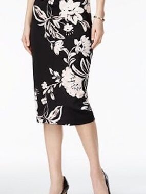 EUC Alfani Women's Black Pink Floral Scuba Knit Pencil Midi Skirt Stretch Size L